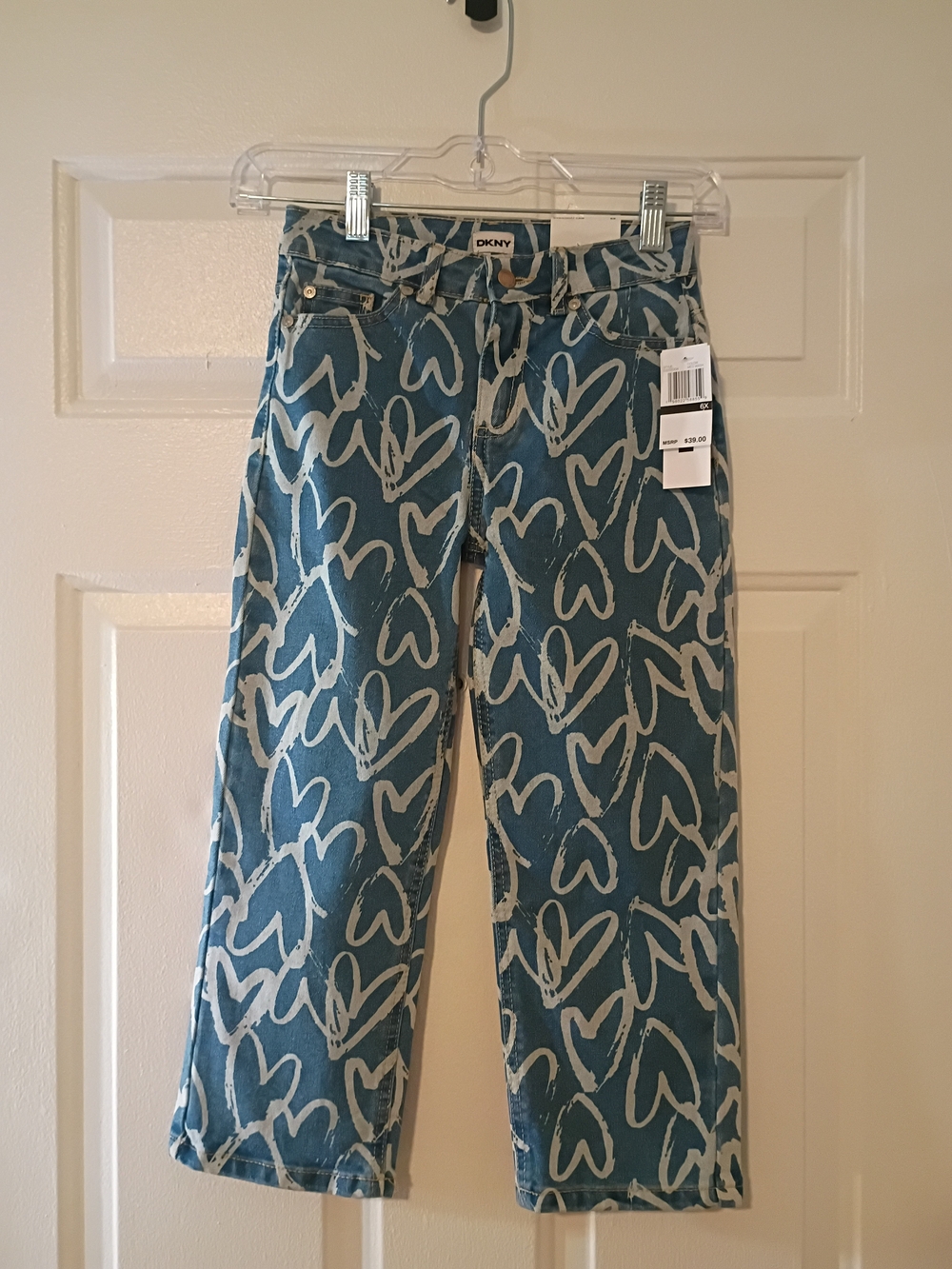 DKNY Blue and White Heart-Print Cropped Jeans